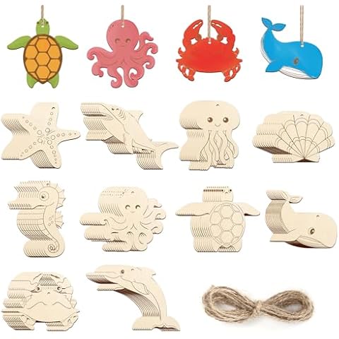 80PCS Wooden Sea Ornaments to Paint, 10 Styles DIY Blank Unfinished Wood Ocean Whale Seahorse Octopus Starfish Dolphin Turtle Shark Crab Cutouts Ornament for Crafts Hanging Decorations Summer Cover