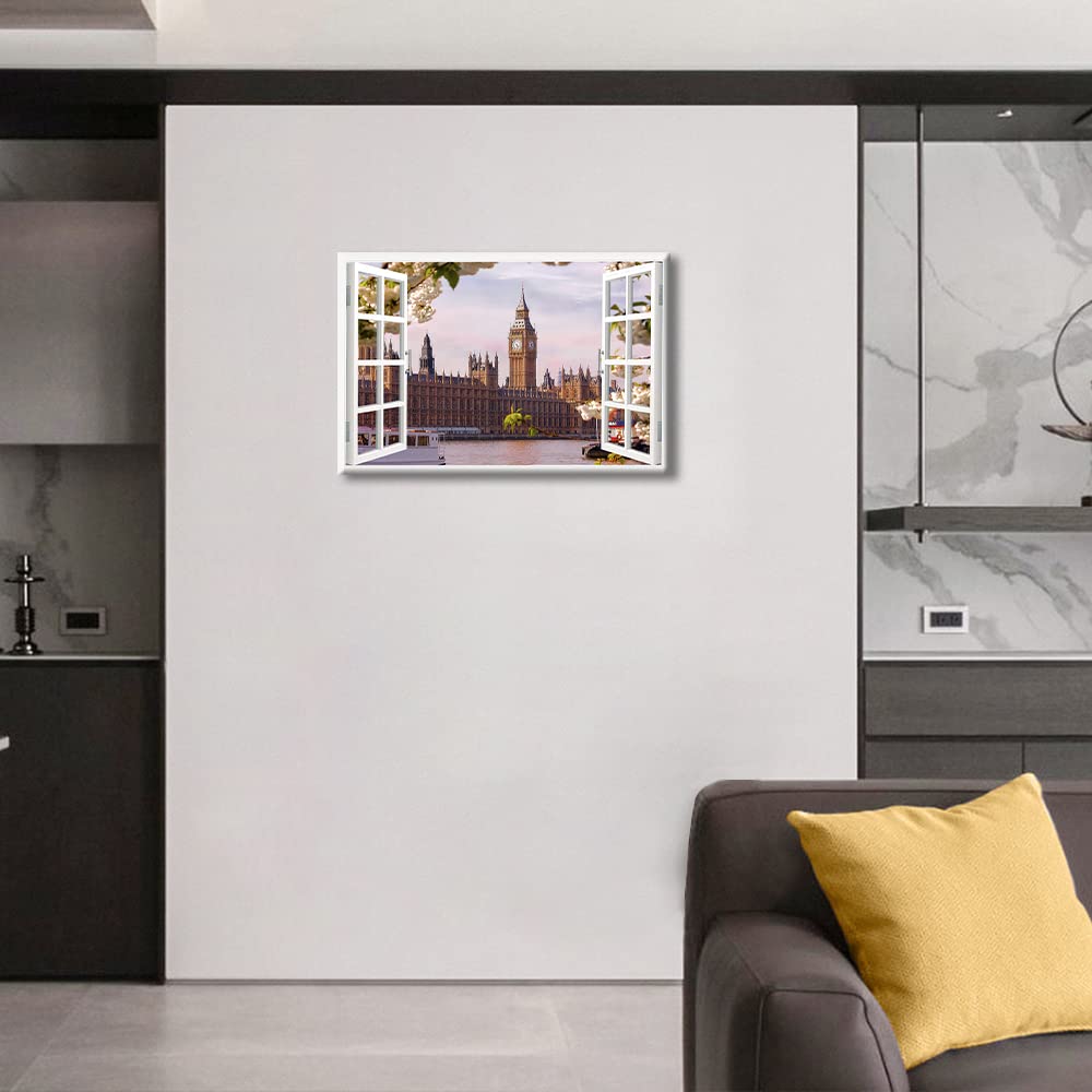 TISHIRON 3D Window Effect Canvas Wall Art Palace of Westminster Poster London Big Ben Cityscape Modern Home Decor Artwork Canvas Wall Decor for Living Room Framed Ready to Hang - Image 3