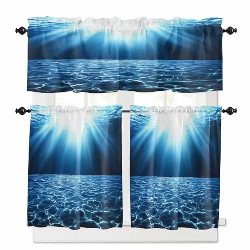 Blue Ocean Kitchen Curtains 36 Inch Length,3 Piece Rod Pocket Small Half Tiers and Valance Set,Beach Summer Coastal Underwater Scene Waves Small Large Window Treatment Decor for Bedroom/Bathroom Sink
