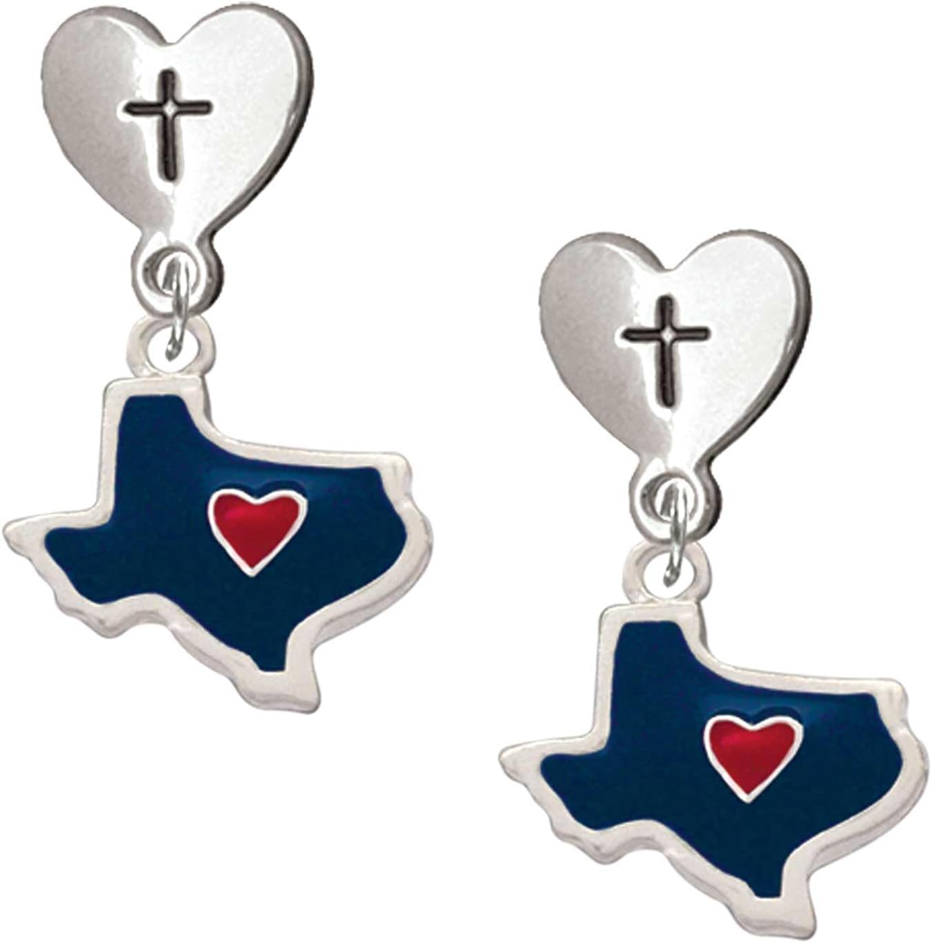 Delight Jewelry Silvertone Blue Texas with Red Heart Cross in Heart Post Dangle Earrings