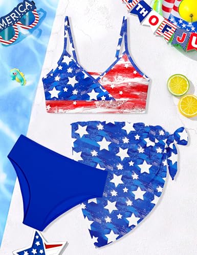 Image of Girls Swimsuit V Neck Bikini Set Color Block with Cover Up 3Pcs Bathing Suits