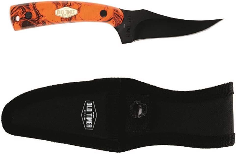 Old TimerSchrade SharpFinger Knife – Orange Camo Handle, Black Blade, Full Tang Stainless Steel, Includes Sheath, Ideal for Hunting, Outdoor, and Survival Use
