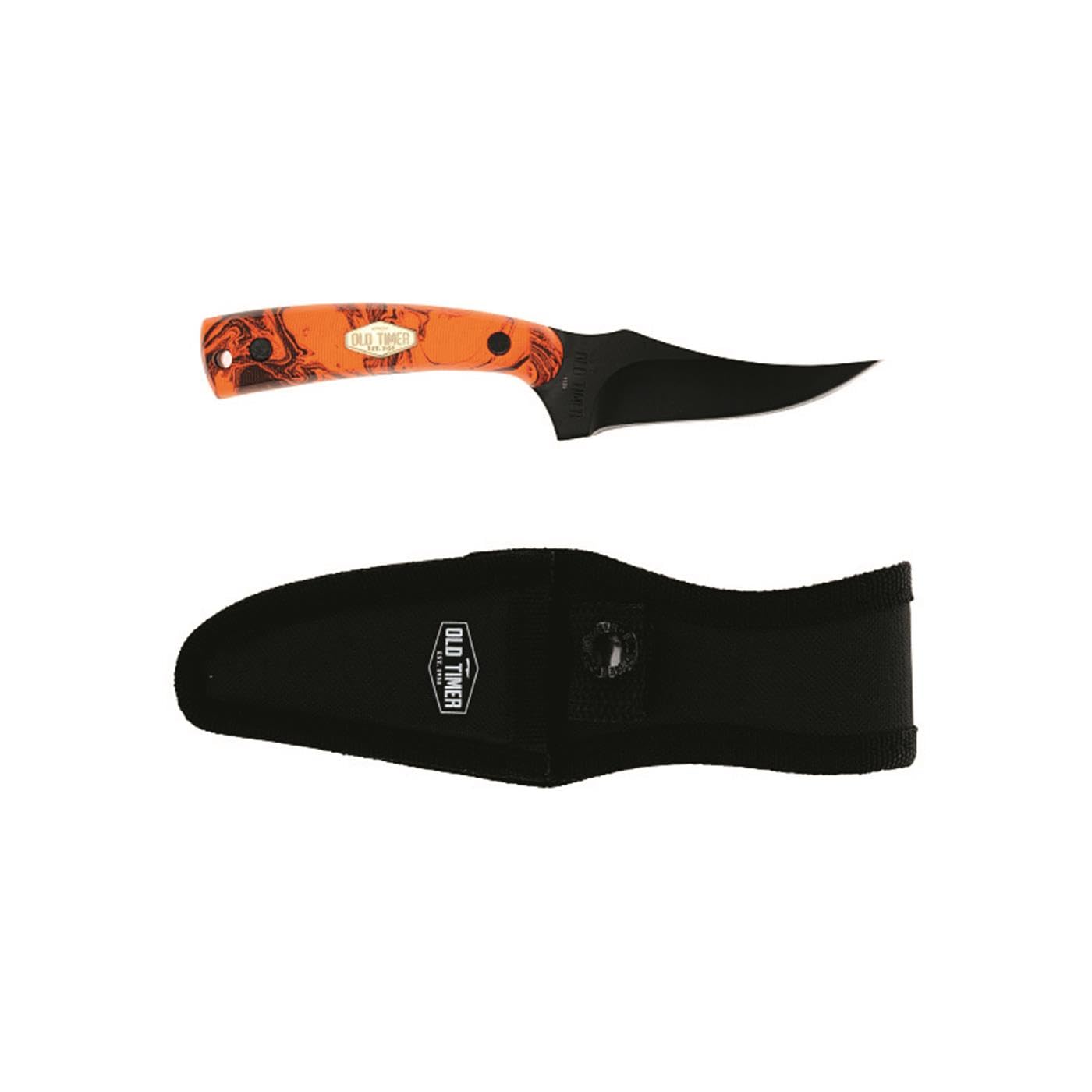 Old TimerSchrade SharpFinger Knife – Orange Camo Handle, Black Blade, Full Tang Stainless Steel, Includes Sheath, Ideal for Hunting, Outdoor, and Survival Use