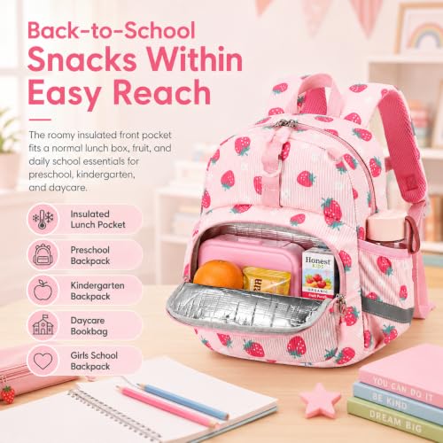 Image of LOIDOU Toddler Backpack for Girls, 15 Inch Preschool Kindergarten Backpack with Insulated Snack Pocket, 13L Corduroy Kids Bookbag with Chest Strap and Water Bottle Pockets, Pink Strawberry