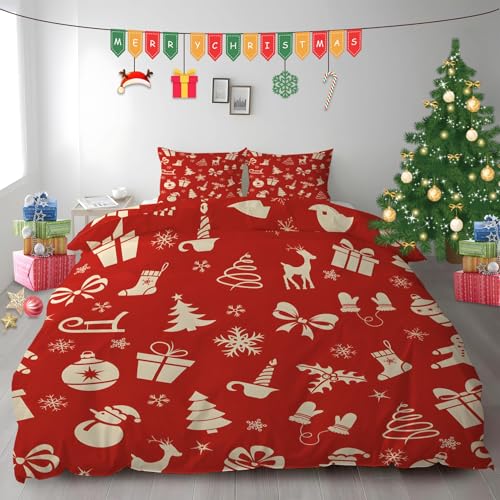 布団カバー セミダブル、3点セット、 クリスマスツリーと雪だるま 寝具セット、洋式・和式共通、肌に優しく、柔らかく、通気性、吸汗性、速乾性、冷感、オールシーズン対応、洗濯機洗い可能、ファスナー開閉 (トナカイとプレゼント、セミダブル 枕カバー2枚) AE6
