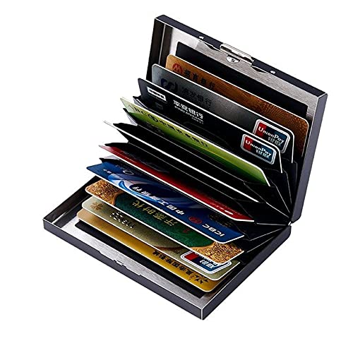 RFID BlockingStainless Steel Credit Card Holder, Men Women Metal Slim Wallet For Driver's License, ID Cards, Credit Cards, Or Business Cards (Black 10 grid)
