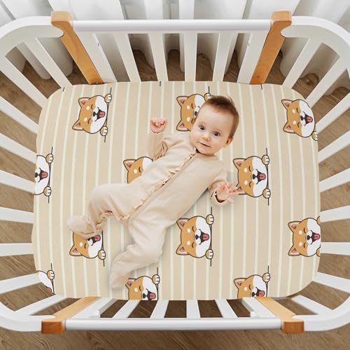 Image of Shiba Dog Stripe Khaki Fitted Crib Sheet for Boys Girls Baby Bedsheet for Toddler,52 X 28 in
