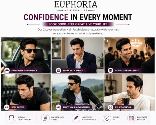 Image of EUPHORIA 2 layer Original Australian Hair Patch | 0.03 mm Ultra Thin Poly for Natural Front Hairline | 100% Remy Human Hair Toupee | Non-Surgical Hair Replacement System | Use with Tape, Glue or Clips | (Black, 8x5)