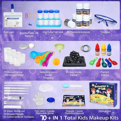 Labelled contents of the Why2Wise science kit — test tubes, goggles, droppers and chemicals