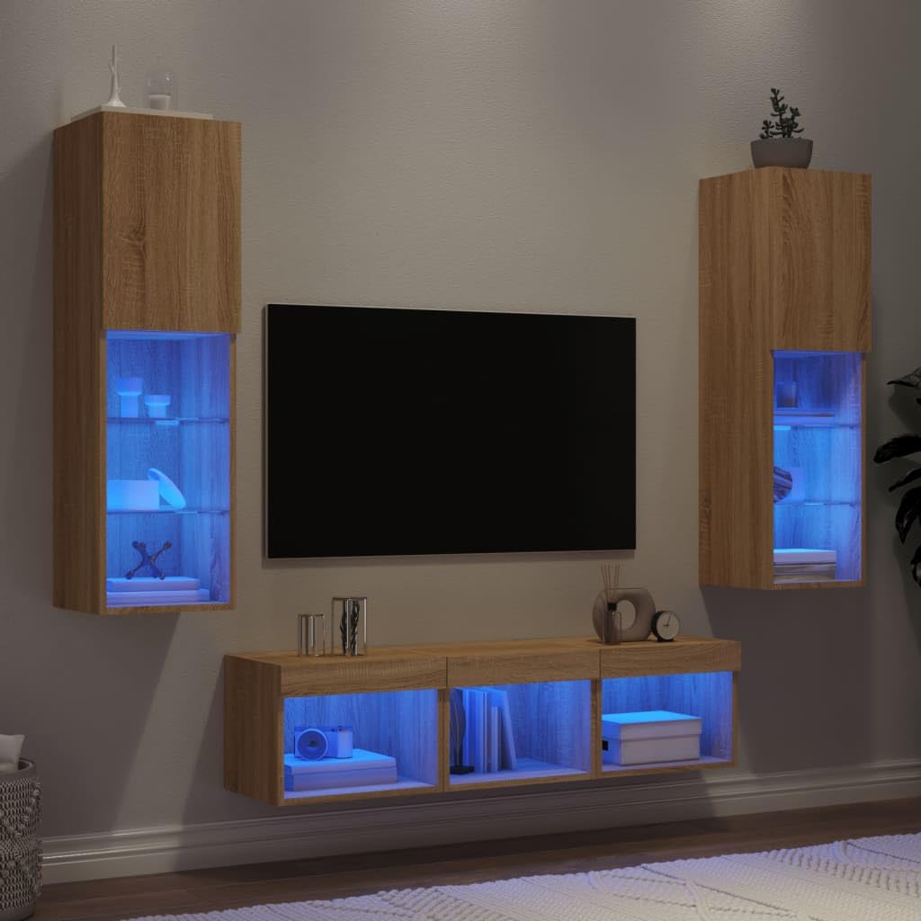 5 piezas de pared con LED RGB Sonoma roble madera de roble cristal colgante TV aparador salón Sonoma 30 x 30 x 120 cm y 40 x 30 x 30 cm diseño moderno para salón, dormitorio, oficina