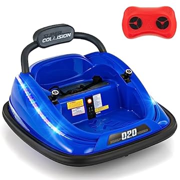 GYMAX Kids Ride On Bumper Car, 12V Children Electric Waltzer Car with Remote Control, Dual Joysticks, Music, Flashing Lights & Safety Belt, 360° Spin Toy Vehicle for 3-8 Years Old (Blue)