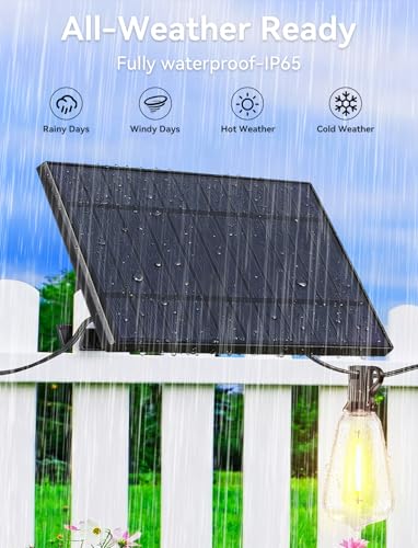 Brightever 150FT Solar String Lights Outdoor Waterproof with Remot, 55+2 Shatterproof ST38 LED Bulbs, Dimmable & 3 Lighting Modes, Warm White Solar Patio Lights for Balcony, Deck, Wedding - Image 6