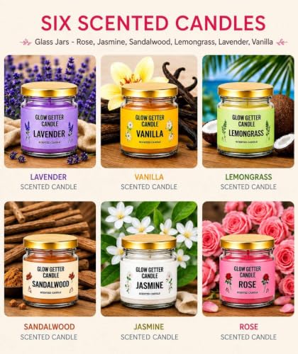 Image of Glow Getter Mini Jar Scented Candle Set | Premium Aromatherapy Candles in Glass Jars | Long Burning Home Fragrance Candles for Relaxation, Home Decor & Gifting, Scented Jar with lid (Pack of 6)