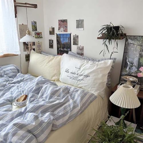 Image of Nayoroom Striped Duvet Cover Queen Blue White Stripe Bedding Set | Modern Farmhouse Coastal, Dorm Bedding, Soft Breathable Washed Microfiber, All-Season Comfort, Hidden Zipper, 4 Corner Ties