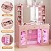 HUANLEGO Pink Vanity Desk with Mirror and Lights, Glass Top Vanity with Lighted Mirror & RGB Glass Cabinet and 3 Drawers, Makeup Vanity Desk with Lights Dressing Table for Bedroom, 3 Color Modes