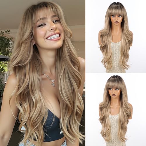 topshe Ash Blonde Wavy Wig with Bangs 28 Inch Layered Long Curly Wig for Women Natural Looking Synthetic Hair Replacement Wigs Glueless Wig Wear and Go for Daily Use