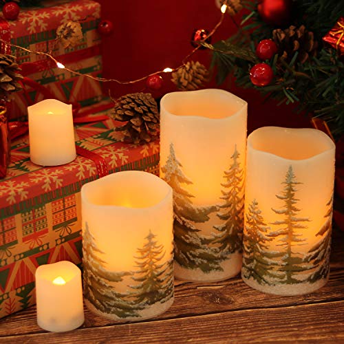 Wondise Flameless Candles With Timer, Battery Operated Realistic Wax Led Pillar Candles Warm Yellow Light Snowy Pine Tree Decal For Christmas Decoration, Set Of 3(D3 X H4,5,6 Inch) #TOP4