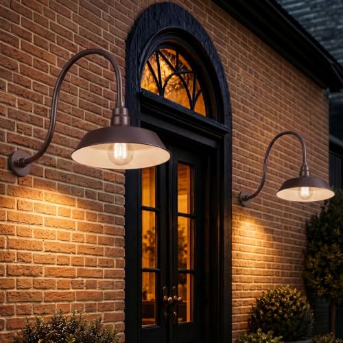 Image of 14in. Architectural Bronze Outdoor Gooseneck Barn Light Fixture With 24in. Long Extension Arm - Wall Sconce Farmhouse, Antique Style - UL Listed - 9W 900lm A19 LED Bulb (5000K Cool White) - 2-Pack