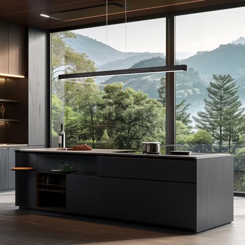 Image of 55 Inch LED Linear Pendant Light Black Wood LED Kitchen Island Lighting Dimmable Ceiling Hanging Chandeliers for Dining Room Living Room Bar Pool Table 36W Modern Farmhouse Fixture Black Wood Finish