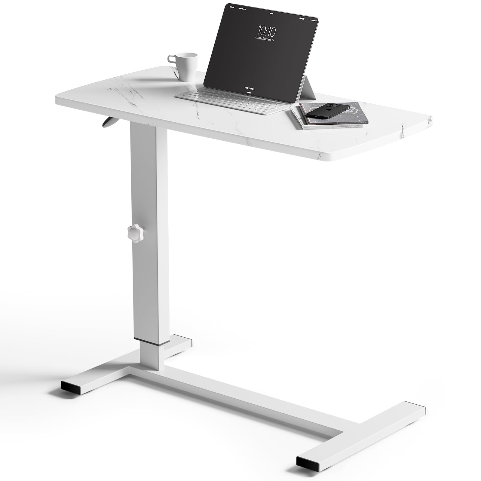 Warmiehomy Overbed Bedside Table with Wheels 80x40cmx67-91cm Adjustable Height Laptop Side Table for Bed & Sofa,Hospital Bed End Table Large Standing Desk for Home Office Bedroom Living Room, White