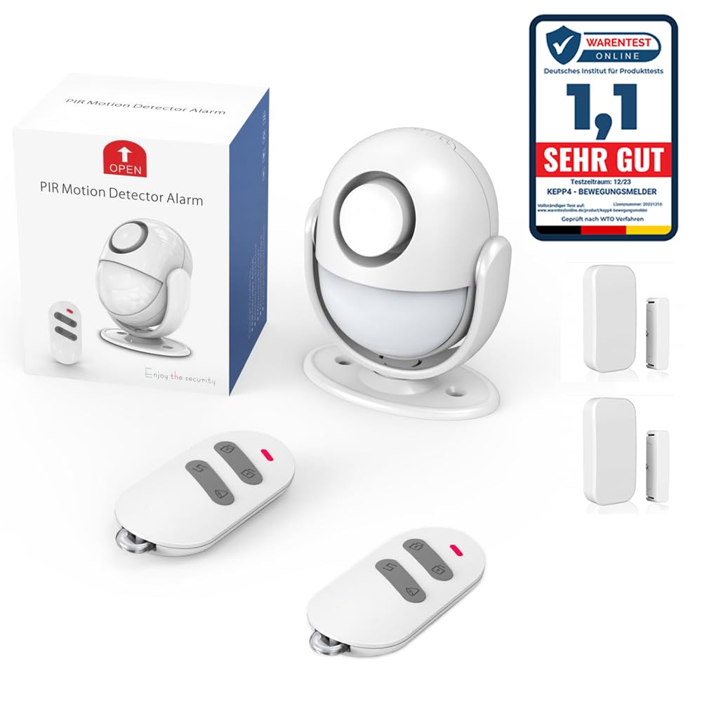 Kepp4 - Detector de movimiento con alarma de 125 dB (conjunto 2) con 2 mandos a distancia y 2 contactos de ventana/puerta, ampliable hasta 20 contactos.