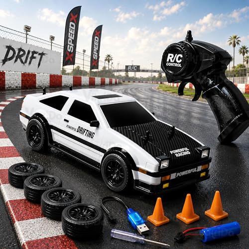 Image of VikriDA 1:24 Scale RC Drift Car - 4WD High-Speed RC Racing Car with LED Lights, 2.4GHz Controller, Rechargeable Batteries & Drifting Tires