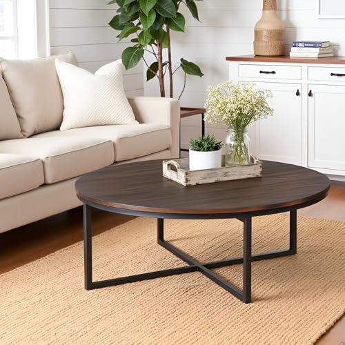 Arcadia 42-Inch Round Acacia Wood Coffee Table – Industrial Living Room Table with Antiqued Mocha Finish and Metal Sled Legs – Ideal Centerpiece for Sectionals and Sofas by Alaterre Furniture