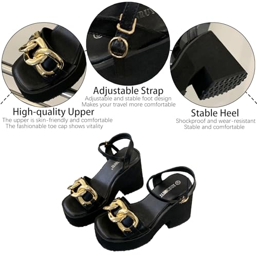Women's Leather Chain Decor Platform Heels Sandals with Adjust Ankle Strap Fashion Comfort Open Round Toe Chunky High Heels Slingback Sandals Summer Party Wedding Dress Pumps3