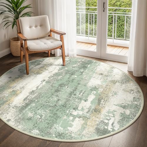 Image of BEIMO Round Rugs 5FT for Living Room Bedroom, Modern Abstract Machine Washable Circle Rug, Soft Low Pile Floor Cover with Non Slip Backing for Dining Room, Light Green