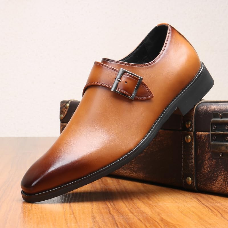 Image of Men's Leather Square Toe Monk Strap Loafers,Classic Slip on Dress Shoes,Low Top Formal Business Oxford Shoes