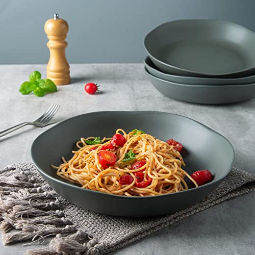 Amorarc 9.75 Inch Stoneware Flat Pasta Bowls, 38Oz Large Wide Bowls Set Of 4 For Kitchen, Microwave Safe Bowls With Wavy Rim For Pasta Salad, Matte Green-Ish Gray #TOP2