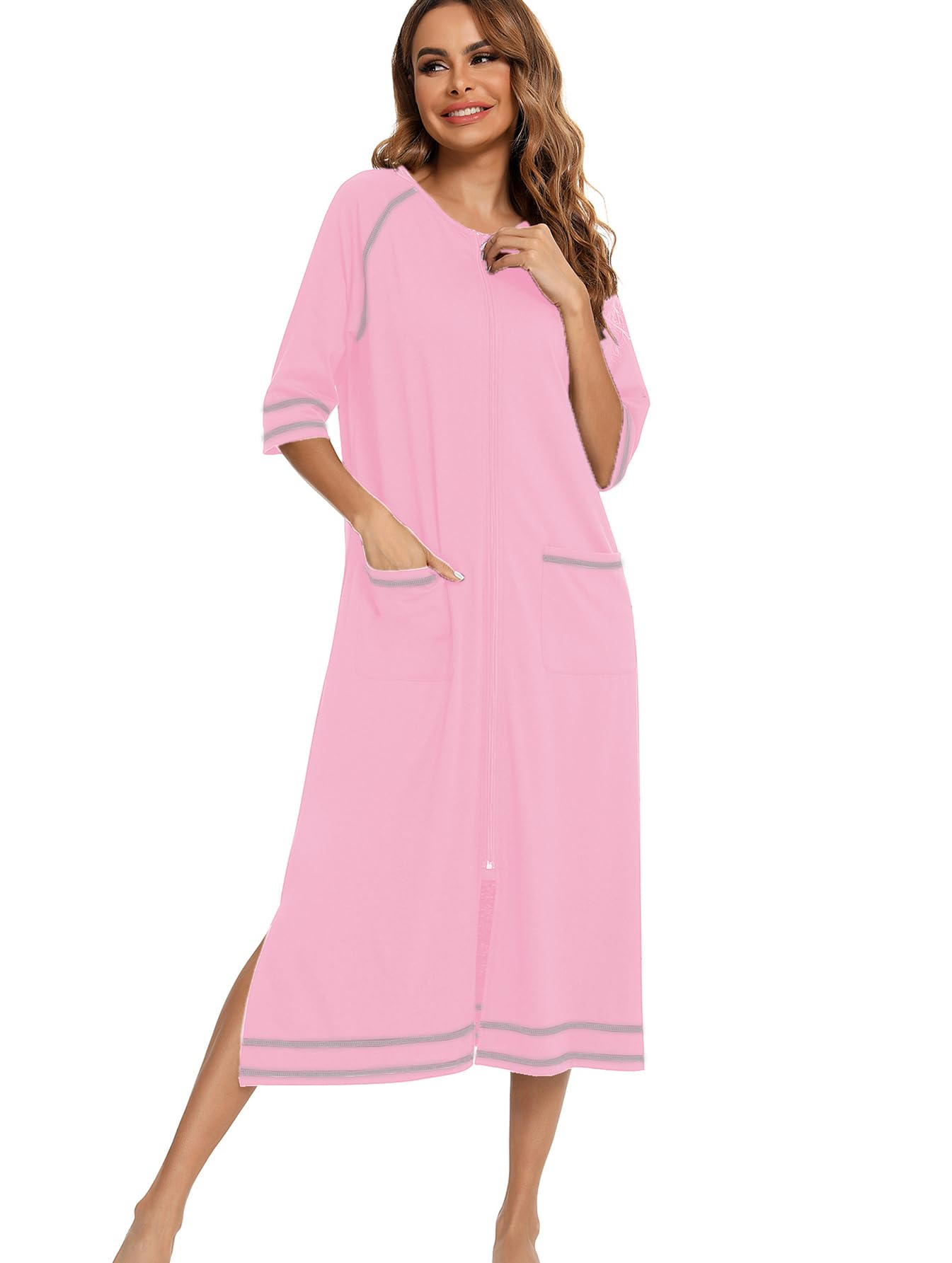 Citridarll Zip Up Robe For Women Sleepwear Pockets Housecoat Long Soft Bathrobe Loungewear Full Length Nightgown, Pink, X-Large