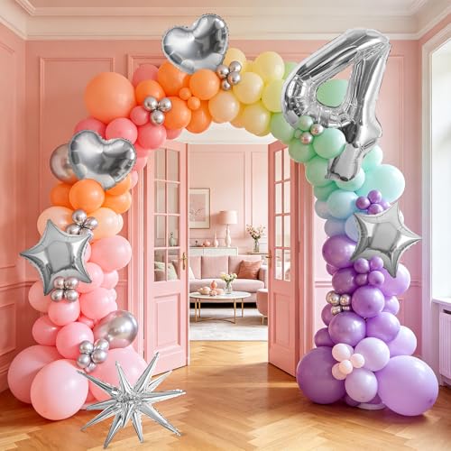 Image of TONIFUL 4th Birthday Balloons Kit 40Inch Silver Large Number 4 Foil Balloon | with 18Inch Helium Mylar Heart Star Balloons for Kids Women Men Birthday Anniversary Graduation New Year Eve Party Decoration