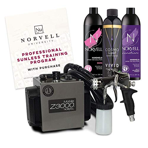 Norvell Sunless Kit - Z3000 Professional Mobile HVLP Spray Tan Airbrush Machine System + 8 oz Tanning Solutions in Ultra Vivid 'Cosmo', Venetian & Dark + Norvell Training Program (Retail Value $1,150)
