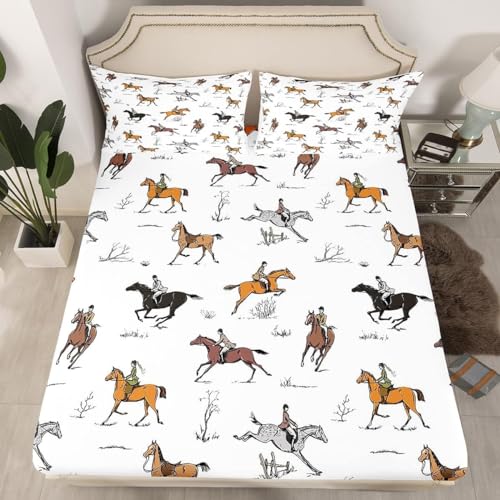 Homewish Drap Housse 90x190 Cheval de Course, Ensemble de Literie Sport Équestre, Draps de Lit Cavaliers pour Enfants Adolescents, Drap-Housse Western Vintage pour...