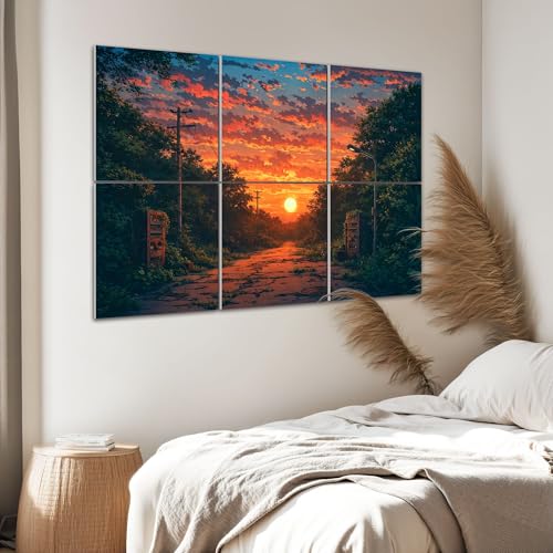 6 Paneles Acústicos Artísticos Pack Sunset Overgrown Road Greenery Líneas Eléctricas Verde Absorbentes de Sonido Auto adhesivos para Estudios de Grabación en Casa 72"x48" miniatura 6