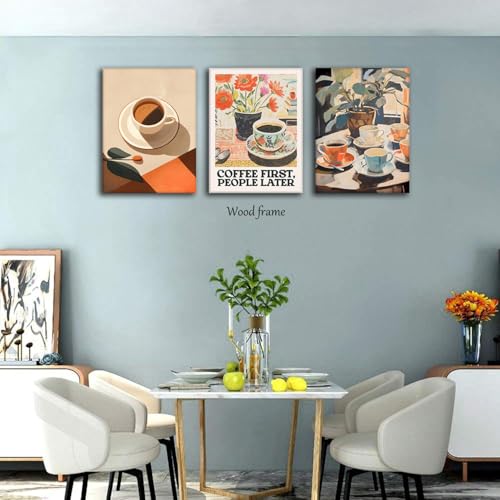 Vintage Coffee Kitchen Canvas Wall Art Set of 3, Fashion Aesthetic Flowers Espresso Poster Picture, Simple Travel Drinks Wall Decor Painting Prints for Dining Room Cafe Bar 12x16 Inch Framed by wanyun - Used condition - Image 8