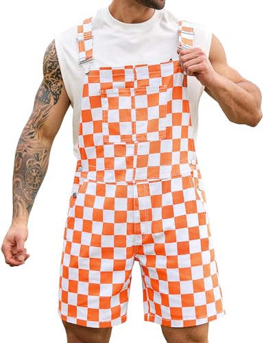 Odefou Checkered Bib Overalls for Men Jumpsuit Shorts Work Coveralls(Orange Checkered,XL)