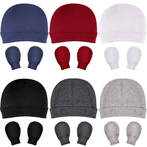 6 Sets Newborn Baby Hat and Mittens Unisex Cotton Caps and Scratch Mittens Set for Baby Boys and Girls Newborn Baby Beanies Caps and Mitten Set for Baby 0-6 Months (Easy-Matching Color)