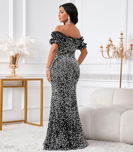 Image of dasmzper Women Sexy Sequin Off Shoulder Ruffle Short Sleeve Bodycon Mermaid Party Formal Evening Maxi Dress