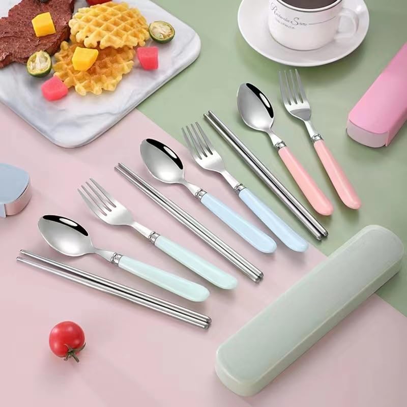 Image of 3-Piece Portable Cutlery Set - Metal Spoon, Fork & Chopsticks with Plastic Handle and Travel Box for Lunch Box, Office, School & Home (Blue)