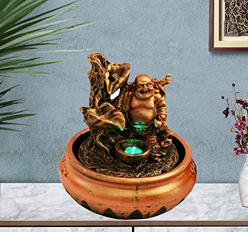 Image of GTC Beautiful Laughing Buddha Water Fountain Show Piece for Home Decorative Diwali Gifts for Drawing Room Living Room Waterfall Decorative Item with Led Light and Mini Water Pump (9605, Multicolor)