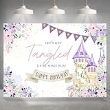 Rsuuinu Happy Birthday Backdrop for Girls Princess Castle Floral Let's Get Tangled Up in Some Fun Photography Background Happy Birthday Party Decoration Supplies Banner Photo Booth Studio Props 7x5ft