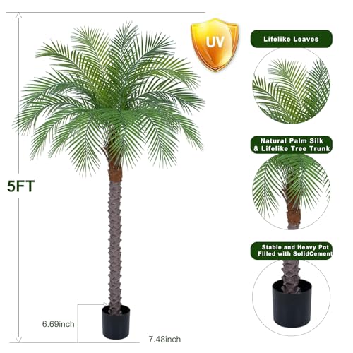 Image of 5ft Artificial Phoenix Palm Tree, Faux Coconut Silk Tropical Fake Palm Plant for Indoor Outdoor Home Office Patio Bathroom Pool Coastal Decor(Set of 2)
