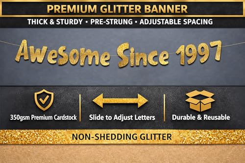 Image of Pre-Strung Awesome Since 1997 Gold Glitter Banner - Funny 29th Birthday and Anniversary Decorations for Men and Women - Party Supplies and Gifts