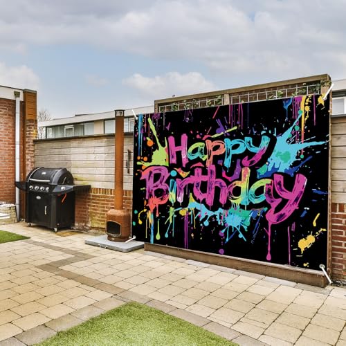 Neon Geburtstag Banner, Happy Birthday Banner Deko für Kinder, Extra Großes Geburtstag Party Hintergrund Banner für Mädchen und Jungen (Bunte Graffiti-Spritzerfarbe), 210x150 cm
