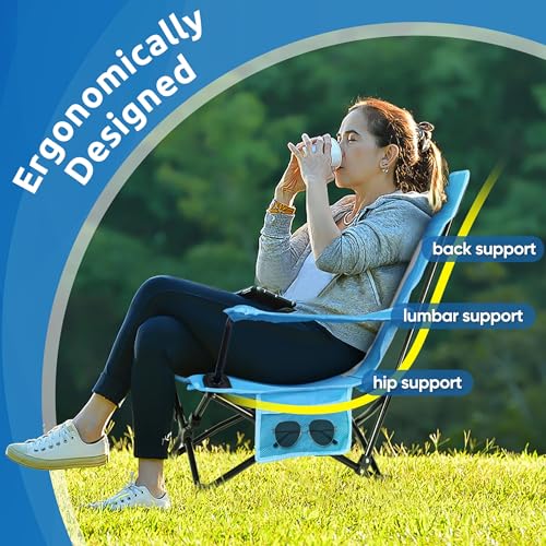 Image of HaSteeL Folding Beach Chair Set of 2, Foldable Blue Camping Chairs for Outside, Low Beach Chair Portable for Adults Fishing, Picnic, Outdoor BBQ, Travel, Sports, Cup Holder & Storage Bag
