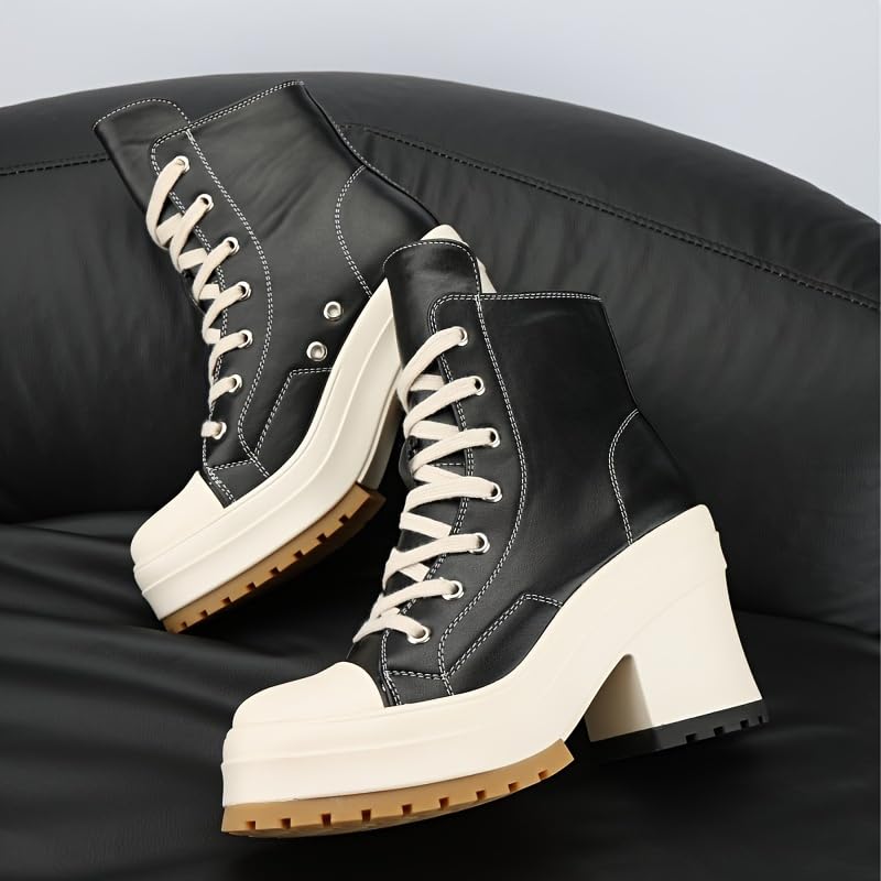 High-top ankle boots, casual high-heeled short boots with laces for closure, fashionable women's sports short boots2