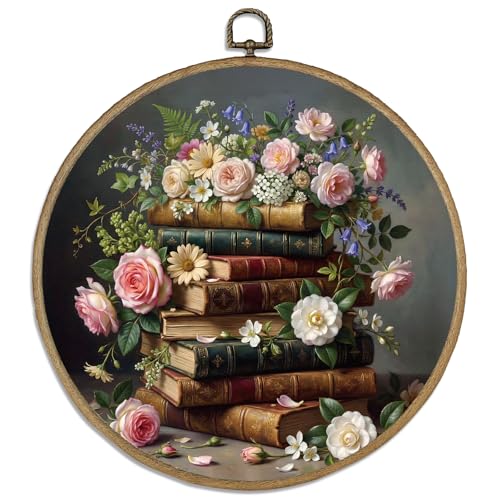 DELORIGIN Bücher Blumen Vintage Wandkunst Dekoration Florale Runde Holz Rahmen Leinwand Wandkunst Drucke mit Metall Haken Haus Kunstwerk Hängen Bild für Schlafzimmer Wohnzimmer Flur Treppen Dekor