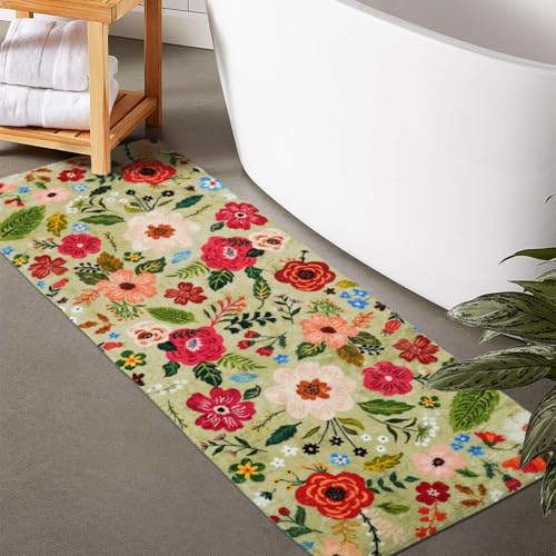 bsheuancek Floral Green Bathroom Rugs Large Long Bath Mat, Washable